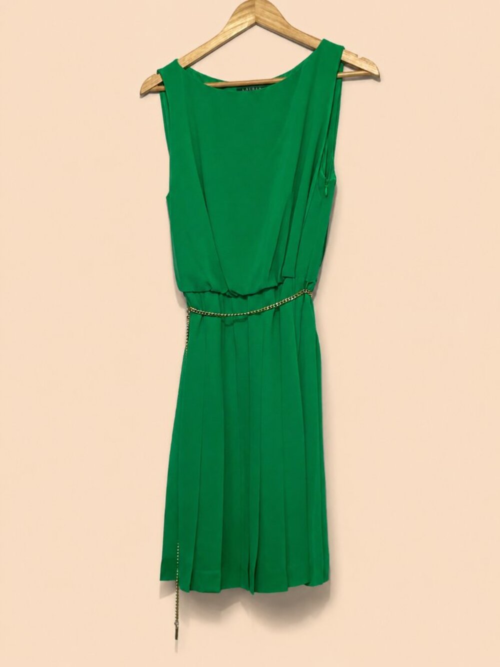 Ralph Lauren Like New Green Mid Length Dress with Chain Belt 14 Size